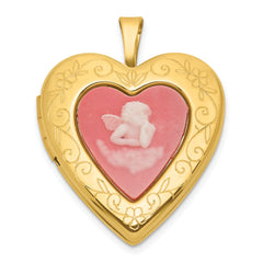 Sterling Silver Gold-plated Polished Front/Brushed Back Pink Angel Resin Cameo 20mm Heart Locket