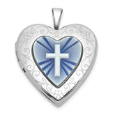 Sterling Silver Rhodium-plated Polished Front/Brushed Back Blue Cross Resin Cameo 20mm Heart Locket