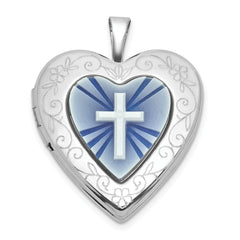 Sterling Silver Rhodium-plated Polished Front/Brushed Back Blue Cross Resin Cameo 20mm Heart Locket