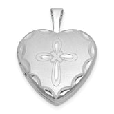 Sterling Silver Rhodium-plated Brushed Diamond-cut Fancy Engraved Cross 13mm Heart Locket