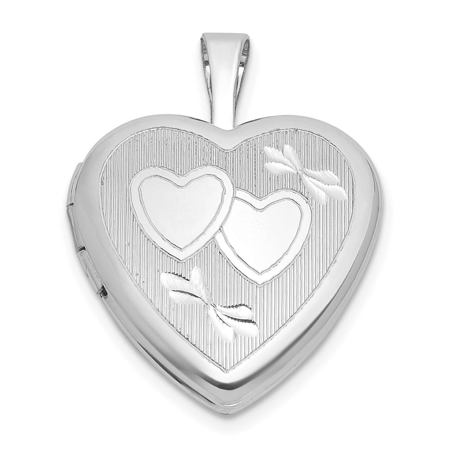 Sterling Silver Rhodium-plated Polished Front/Brushed Back Diamond-cut Twin Hearts 16mm Heart Locket