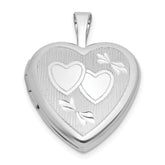 Sterling Silver Rhodium-plated Polished Front/Brushed Back Diamond-cut Twin Hearts 16mm Heart Locket