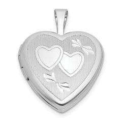 Sterling Silver Rhodium-plated Polished Front/Brushed Back Diamond-cut Twin Hearts 16mm Heart Locket