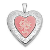 Sterling Silver Rhodium-plated Polished Front/Brushed Back Pink Flowers Resin Cameo 20mm Heart Locket