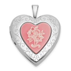 Sterling Silver Rhodium-plated Polished Front/Brushed Back Pink Flowers Resin Cameo 20mm Heart Locket