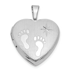 Sterling Silver Rhodium-plated Polished Front/Brushed Back Foot Prints with Star 16mm Heart Locket