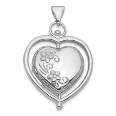Sterling Silver Rhodium-plated Tree Of Life and Flowers in Spinning Frame Reversible 15mm Heart Locket