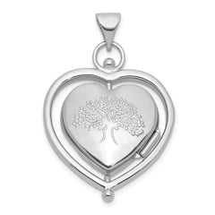 Sterling Silver Rhodium-plated Tree Of Life and Flowers in Spinning Frame Reversible 15mm Heart Locket