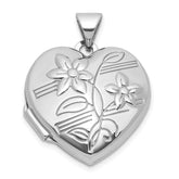 Sterling Silver Rhodium-plated Polished Flowers 18mm Heart Locket