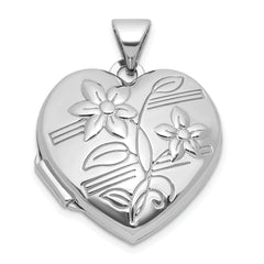Sterling Silver Rhodium-plated Polished Flowers 18mm Heart Locket