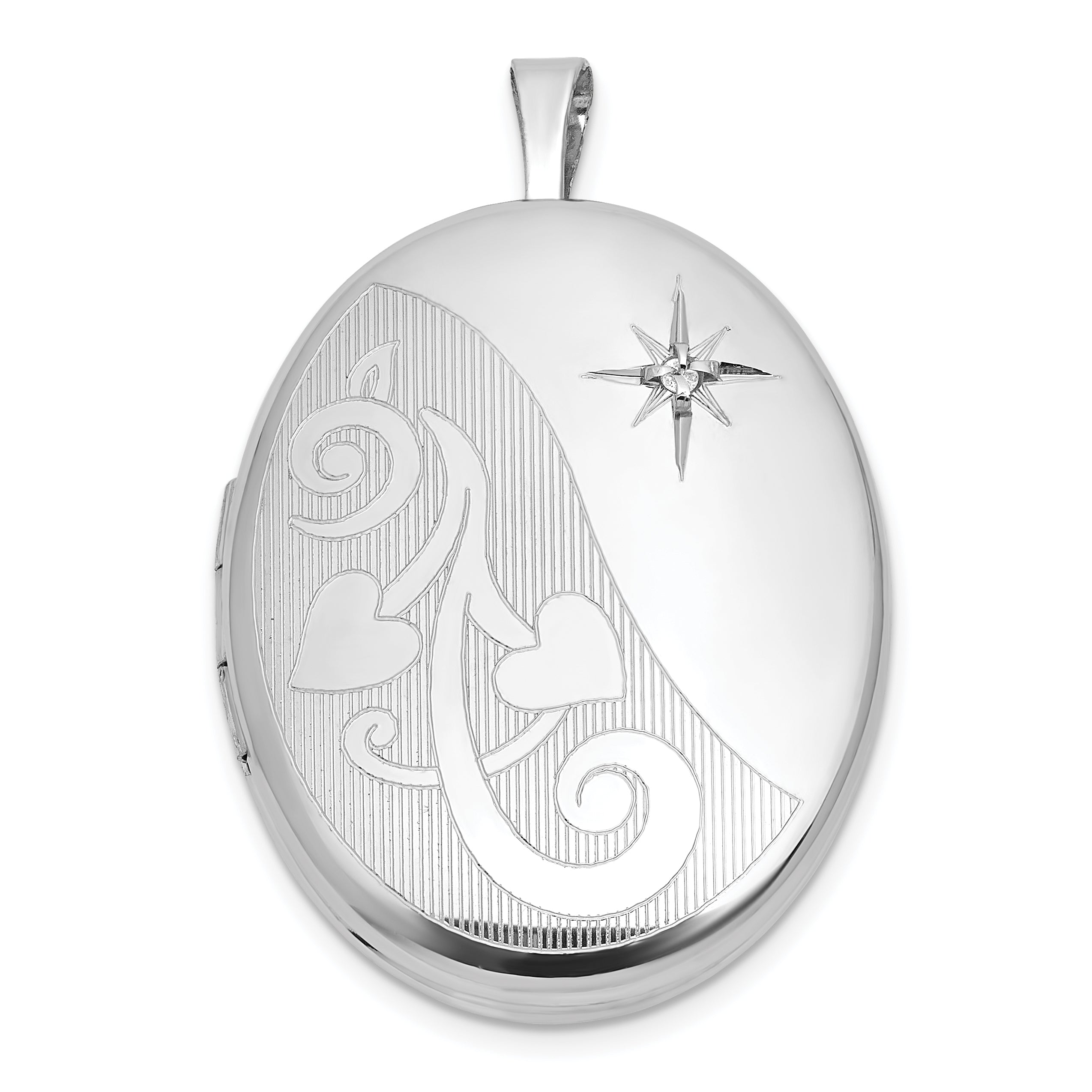 Sterling Silver Rhodium-plated Polished Front/Brushed Back 1/20 carat Diamond Hearts Swirl Design 26mm Oval Locket