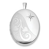 Sterling Silver Rhodium-plated Polished Front/Brushed Back 1/20 carat Diamond Hearts Swirl Design 26mm Oval Locket