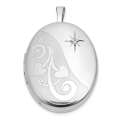 Sterling Silver Rhodium-plated Polished Front/Brushed Back 1/20 carat Diamond Hearts Swirl Design 26mm Oval Locket