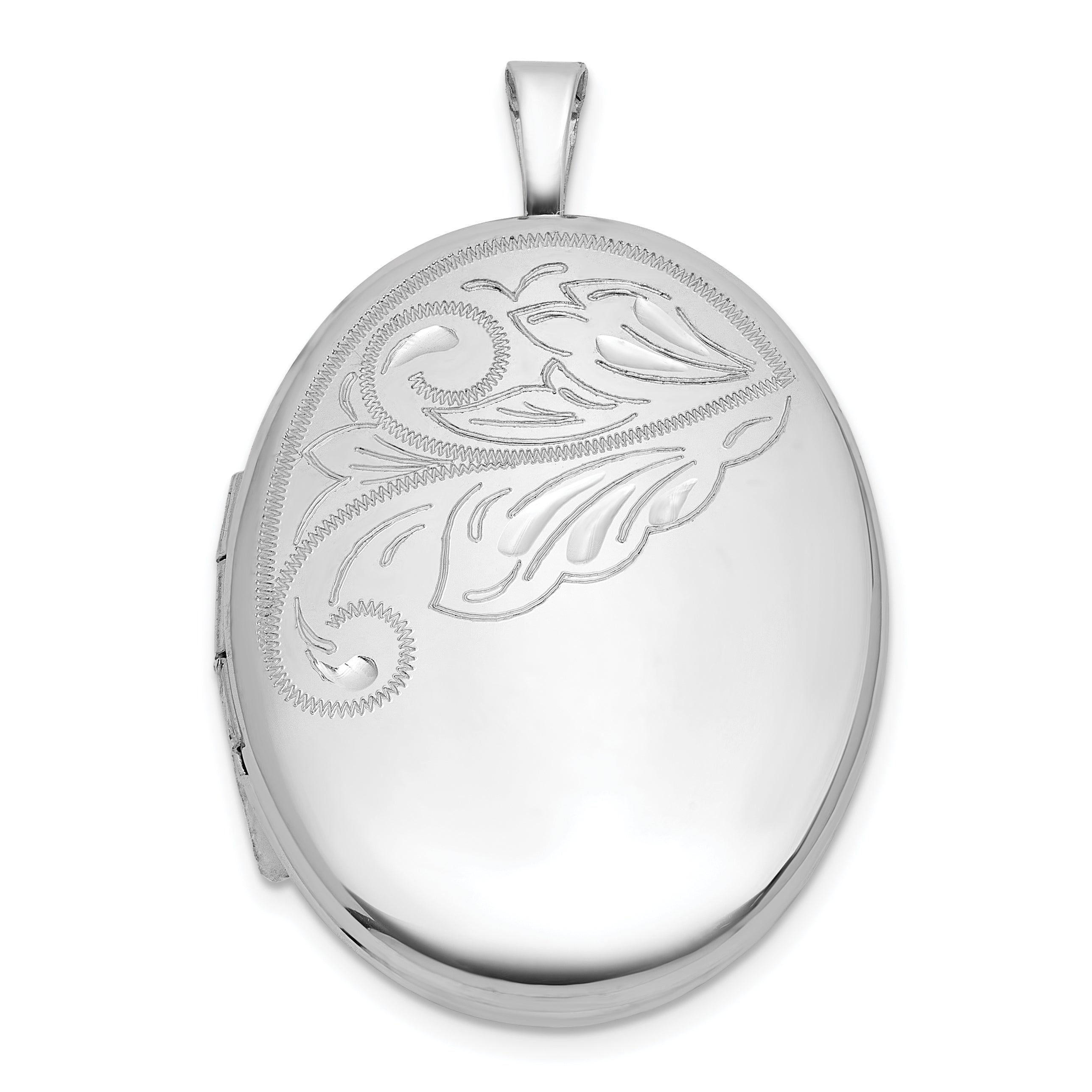 Sterling Silver Rhodium-plated Polished Front/Brushed Back Diamond-cut Floral Design 20mm Oval Locket