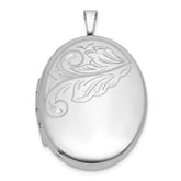 Sterling Silver Rhodium-plated Polished Front/Brushed Back Diamond-cut Floral Design 20mm Oval Locket