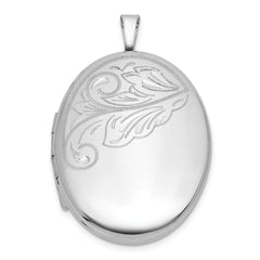 Sterling Silver Rhodium-plated Polished Front/Brushed Back Diamond-cut Floral Design 20mm Oval Locket