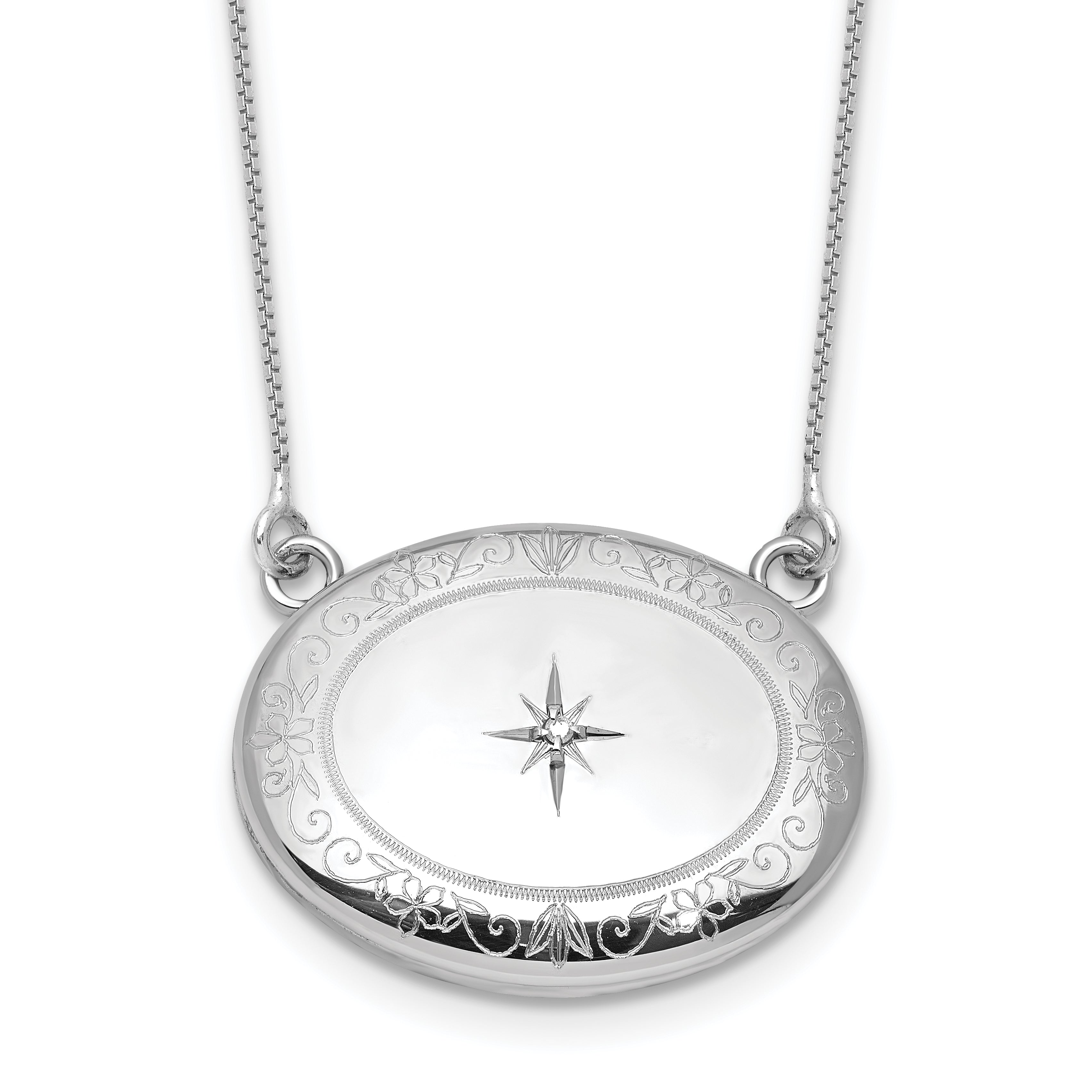 Sterling Silver Rhodium-plated Polished Front/Brushed Back 1/20 ct. Diamond Floral 18.75 inch with 2 inch ext. 20mm Oval Locket Necklace