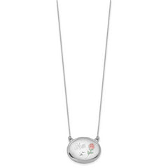 Sterling Silver Rhodium-plated Brushed/Polished Pink and Green Epoxy MOM Rose 18.75 inch with 2 inch ext. 20mm Oval Locket Necklace