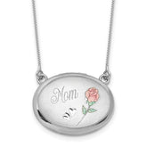 Sterling Silver Rhodium-plated Brushed/Polished Pink and Green Epoxy MOM Rose 18.75 inch with 2 inch ext. 20mm Oval Locket Necklace