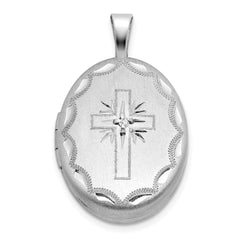 Sterling Silver Rhodium-plated Brushed 1/20 carat Diamond Engraved Cross 16mm Oval Locket