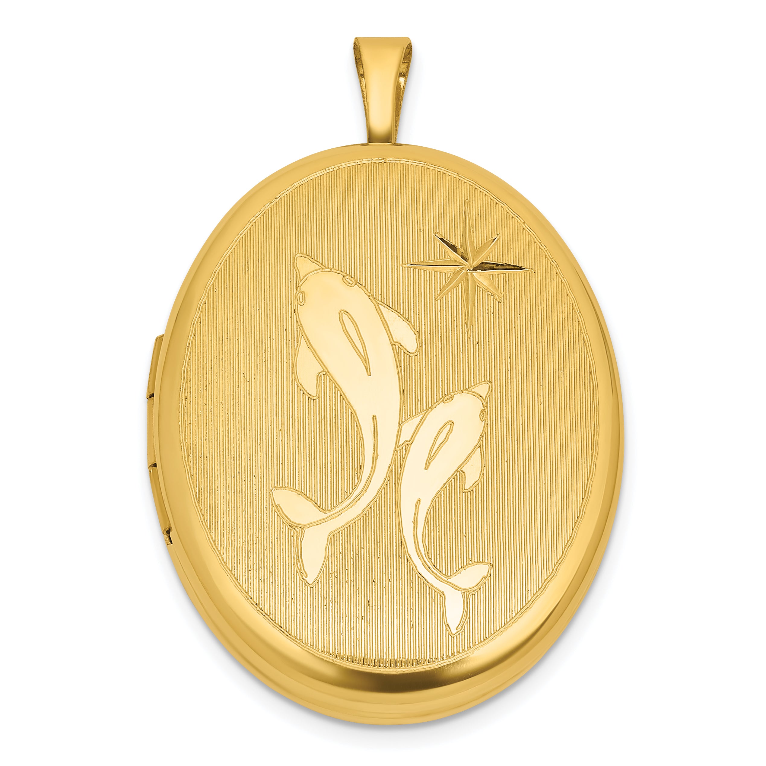 Sterling Silver Gold-plated Polished Front/Brushed Back Two Dolphins 20mm Oval Locket