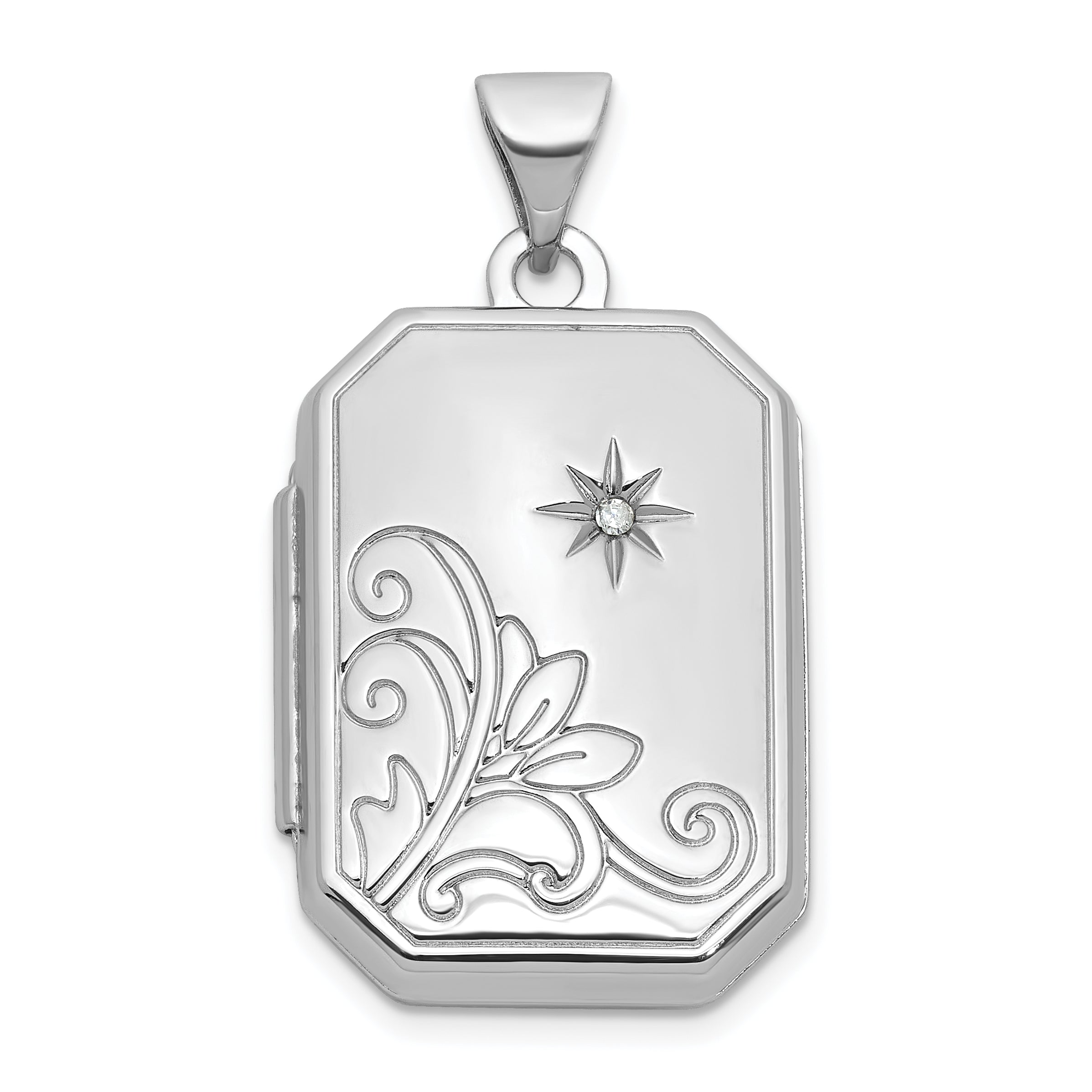 Sterling Silver Rhodium-plated Half Point Diamond Flower And Star 20mm Rectangle Locket