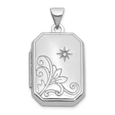 Sterling Silver Rhodium-plated Half Point Diamond Flower And Star 20mm Rectangle Locket