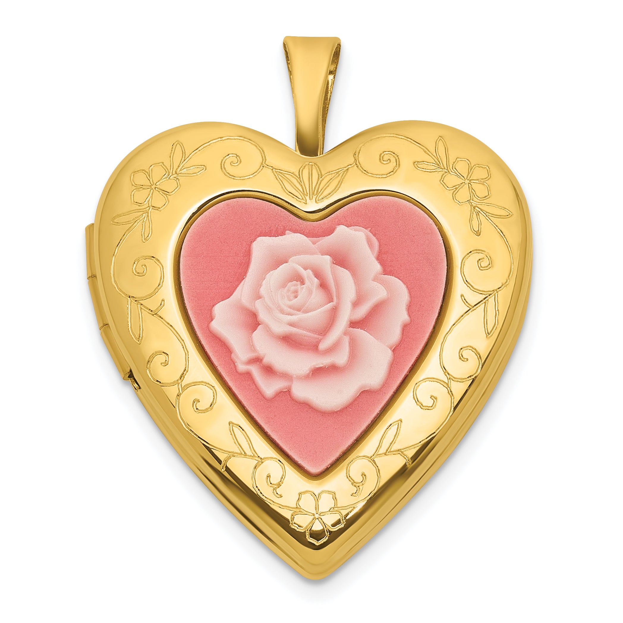 Sterling Silver Gold-plated Polished Front/Brushed Back Pink Rose Resin Cameo 20mm Heart Locket