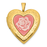 Sterling Silver Gold-plated Polished Front/Brushed Back Pink Rose Resin Cameo 20mm Heart Locket