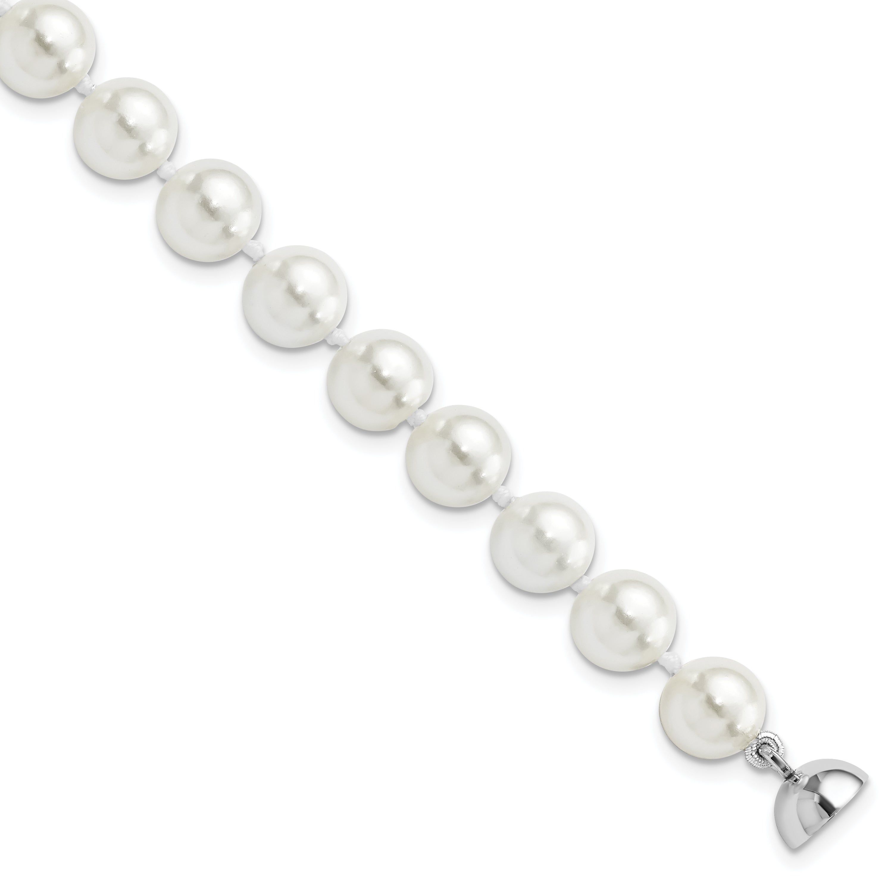 Majestic Sterling Silver Rhodium-Rhodium-Plated 8-9mm White Imitation Shell Pearl Hand-knotted Bracelet