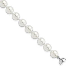 Majestic Sterling Silver Rhodium-Rhodium-Plated 8-9mm White Imitation Shell Pearl Hand-knotted Bracelet