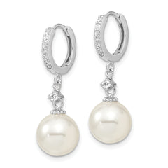 Majestic Sterling Silver Rhodium-plated 10-11mm White Imitation Shell Pearl CZ Hinged Hoop Dangle Earrings