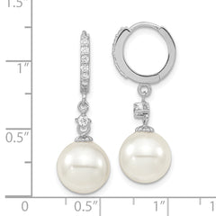 Majestic Sterling Silver Rhodium-plated 10-11mm White Imitation Shell Pearl CZ Hinged Hoop Dangle Earrings