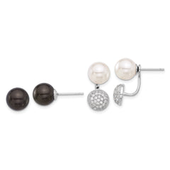 SterlingS Majestik RH-pl 8-9mm Wht/Blk Imit Shell Pearl CZ Post Earring Set