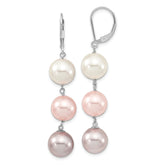Majestic Sterling Silver Rhodium-plated 10-11mm White Pink and Purple Imitation Shell Pearl Leverback Dangle Earrings