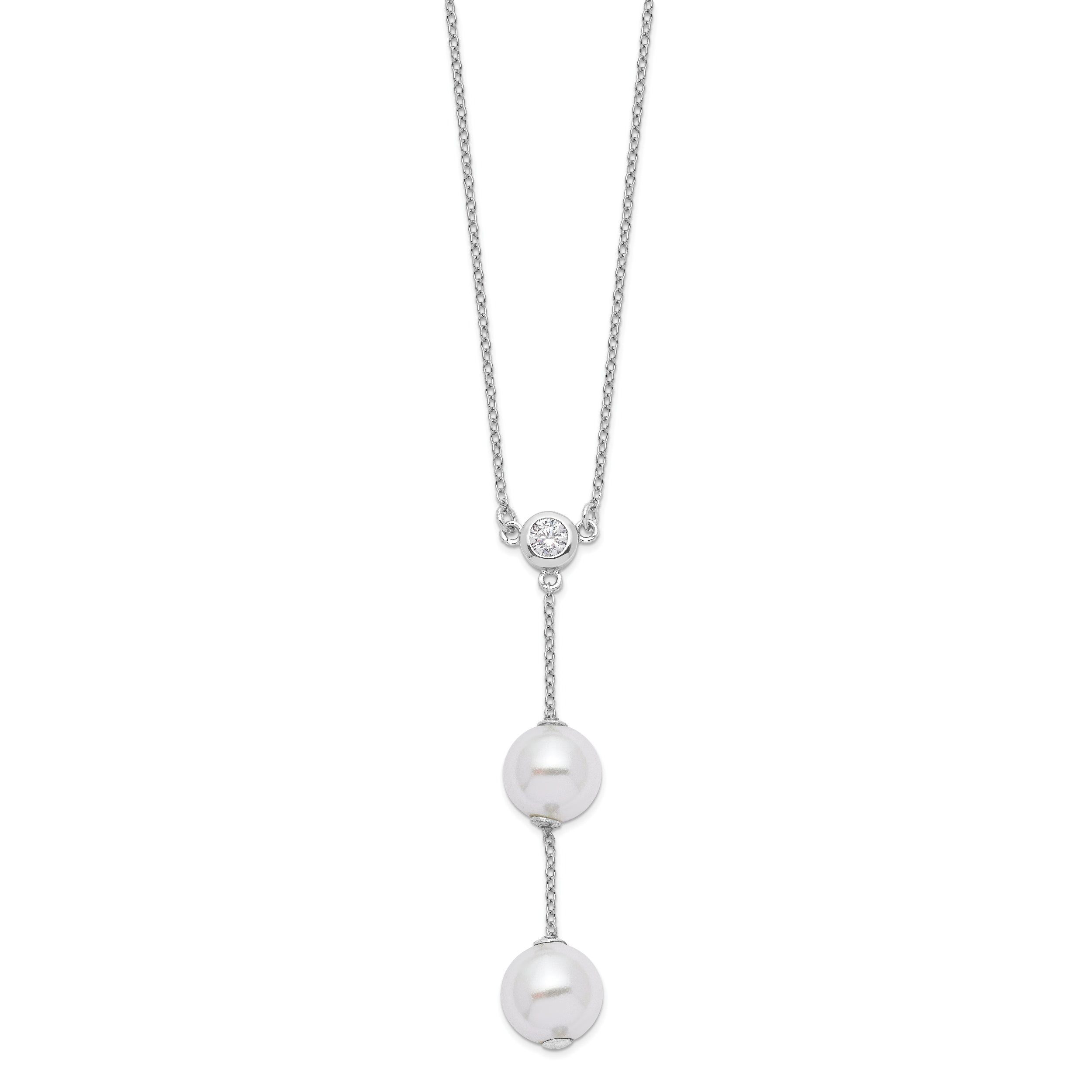 Majestic Sterling Silver Rhodium-Rhodium-Plated 10-11mm White Imitation Shell Pearl CZ Y-Drop Spring Ring Clasp 18 inch Necklace