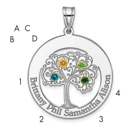 Sterling Silver/Rhod-plated 4 Birthstone with 14k Bezel Family Pendant
