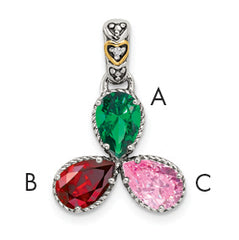Sterling Silver Antiqued w/14k 3-stone w/Diamond Mother's Pendant
