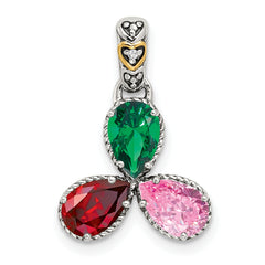 Sterling Silver Antiqued w/14k 3-stone w/Diamond Mother's Pendant