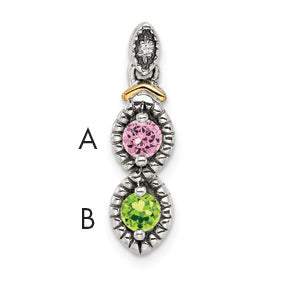 Sterling Silver Antiqued w/14k 2-stone w/Diamond Mother's Pendant