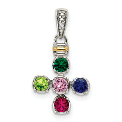 Sterling Silver Antiqued w/14k 5-stone w/Diamond Mother's Pendant