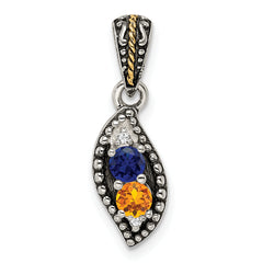 Sterling Silver Antiqued w/14k 2-stone w/Diamond Mother's Pendant