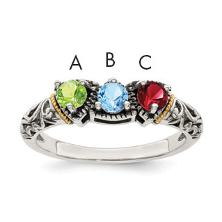 Sterling Silver Antiqued w/14k 3-stone Mother's Ring Mounting (No Stone Included)