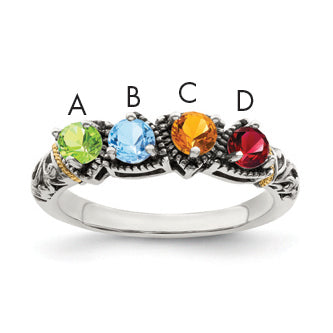 Sterling Silver Antiqued w/14k 4-stone Mother's Ring Mounting (No Stone Included)