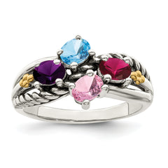 Sterling Silver Antiqued w/14k 4-stone Mother's Ring Mounting (No Stone Included)