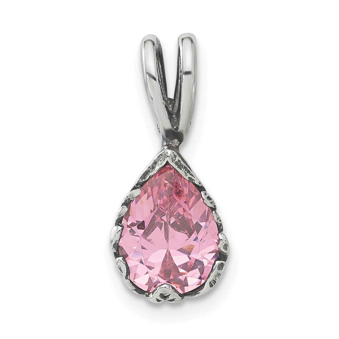 Sterling Silver Antiqued Pink Teardrop CZ Pendant
