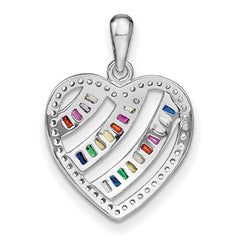 Prizma Sterling Silver Rhodium-plated White and Colorful Three Row CZ Open Heart Pendant