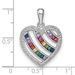 Prizma Sterling Silver Rhodium-plated White and Colorful Three Row CZ Open Heart Pendant