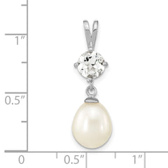 Sterling Silver Rhodium-plated8-10mm White Teardrop Freshwater Cultured Pearl and 1.95WT White Topaz Pendant