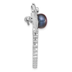 Sterling Silver Rhodium-plated 8-9mm Black Button Freshwater Cultured Pearl and CZ Dragonfly Brooch